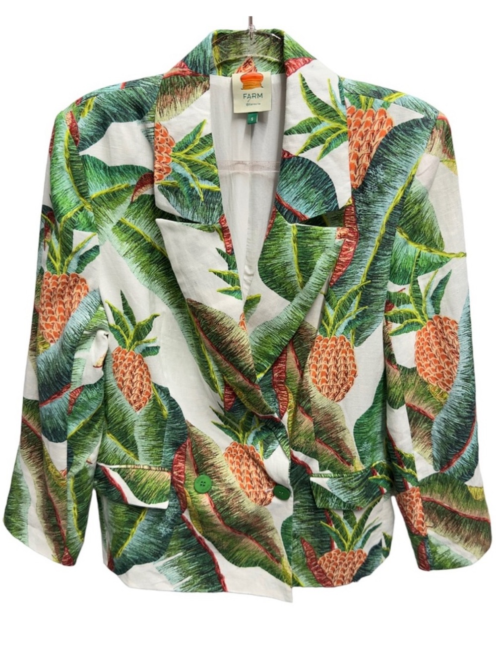 Pure Linen RARE New Farm Rio Pineapple Palm Leafs Tree Blazer Jacket - Picture 2 of 10